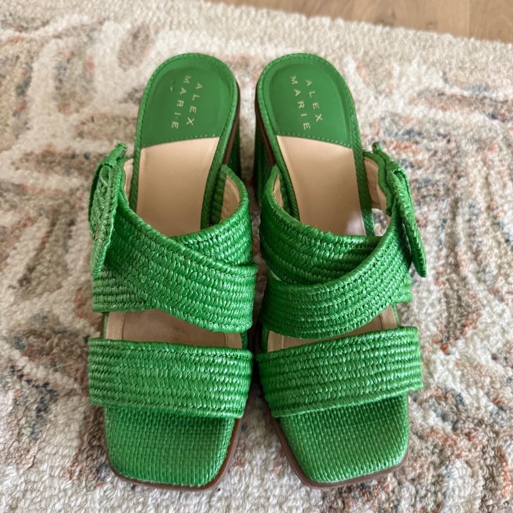 Women’s Y2K Inspired Green Raffia Woven Block Heel Sandals - Size 6 - Picture 2 of 5